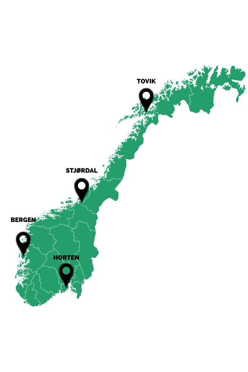 Kart over Norge, Bergen, Horten, Tovik og Sthørdal er avmerket på kartet