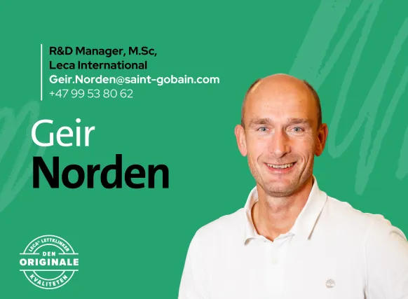 Portrett av Geir Norden, R&D Manager i Leca International, foran grønn bakgrunn med kontaktinformasjon.