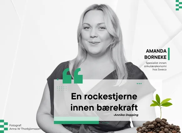 Svart-hvitt-portrett av Amanda Borneke, med farget grafikk og tekstelementer rundt. Øverst til venstre står "Leca Live" i gult og grønt, med teksten "Sirkulær kickstart – 28. mai – 13.00". Til høyre står "Med Amanda Borneke – Spesialist innen sirkulærøkonomi hos Sweco". Nederst vises sitatet "En rockestjerne innen bærekraft" – Annika Dopping, sammen med et bilde av en grønn plante som spirer opp av en haug med Leca-kuler. Foto er kreditert Anna W Thorbjörnsson.