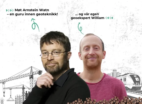 To menn foran en lys bakgrunn med illustrasjoner av byggekraner, bygg og tog. Til venstre står Arnstein Watn, omtalt som «en guru innen geoteknikk», og til høyre William, Leca sin geoekspert. Nederst i bildet vises lettklinkerkuler.