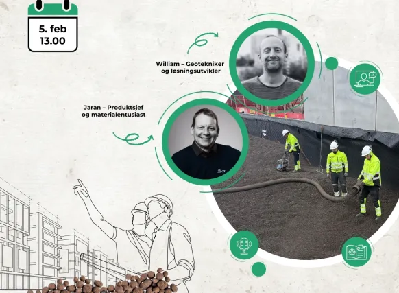 Banner for Leca Live 3 – «Fra håndbok til praksis», med portretter av Jaran, produktsjef i Leca Norge, og William, geotekniker i Leca Sverige, samt bilde fra anleggsprosjekt med bruk av lettklinker.
