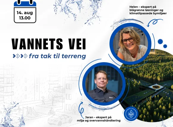 Promobilde for Leca Live-webinaret «Vannets vei – fra tak til terreng» 14. august kl. 13.00, med ekspertene Helen Johansson og Jaran Raymond Wood, illustrert med portrettbilder, vannmotiver og et grønt taklandskap.