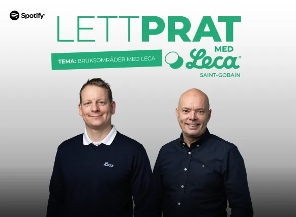 Podcast-cover med Jaran Wood og Vidar Solberg fra Leca, med teksten «Lettprat med Leca» og tema «Bruksområder med Leca»