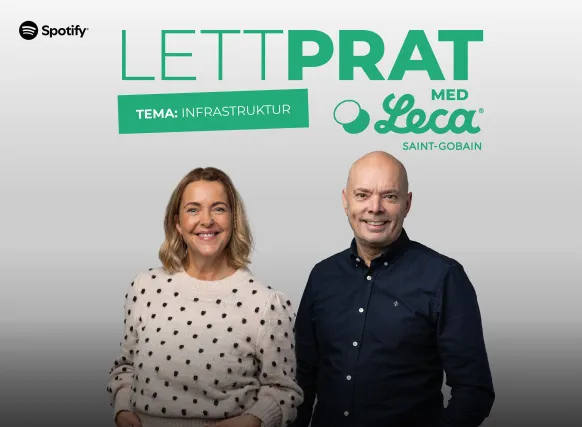 Podcast-cover for «Lettprat med Leca» med Laila Grüner og Vidar Solberg, tema «Infrastruktur»