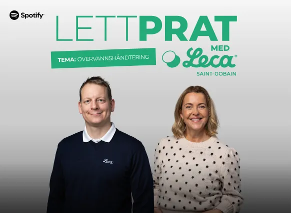 Podcast-cover for «Lettprat med Leca» med Jaran Wood og Laila Grüner, tema «Overvannshåndtering»