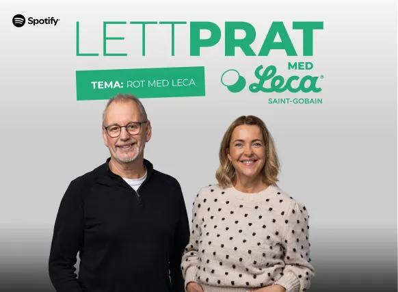 Podcast-cover for «Lettprat med Leca» med to personer, tema «ROT med Leca»