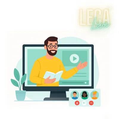 Illustrasjon av en mann som holder et digitalt foredrag fra en skjerm, med en plante ved siden av og tre deltakere vist i en videosamtale. Øverst i bildet står teksten «LECA Live».