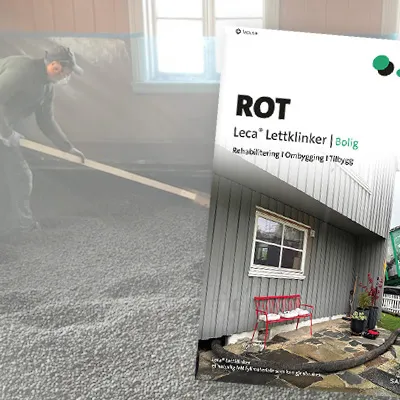 Bilde av fremsiden av ROT brosjyren, bak ser man Leca Lettklinker som blir dratt utover av en mann i en kjeller