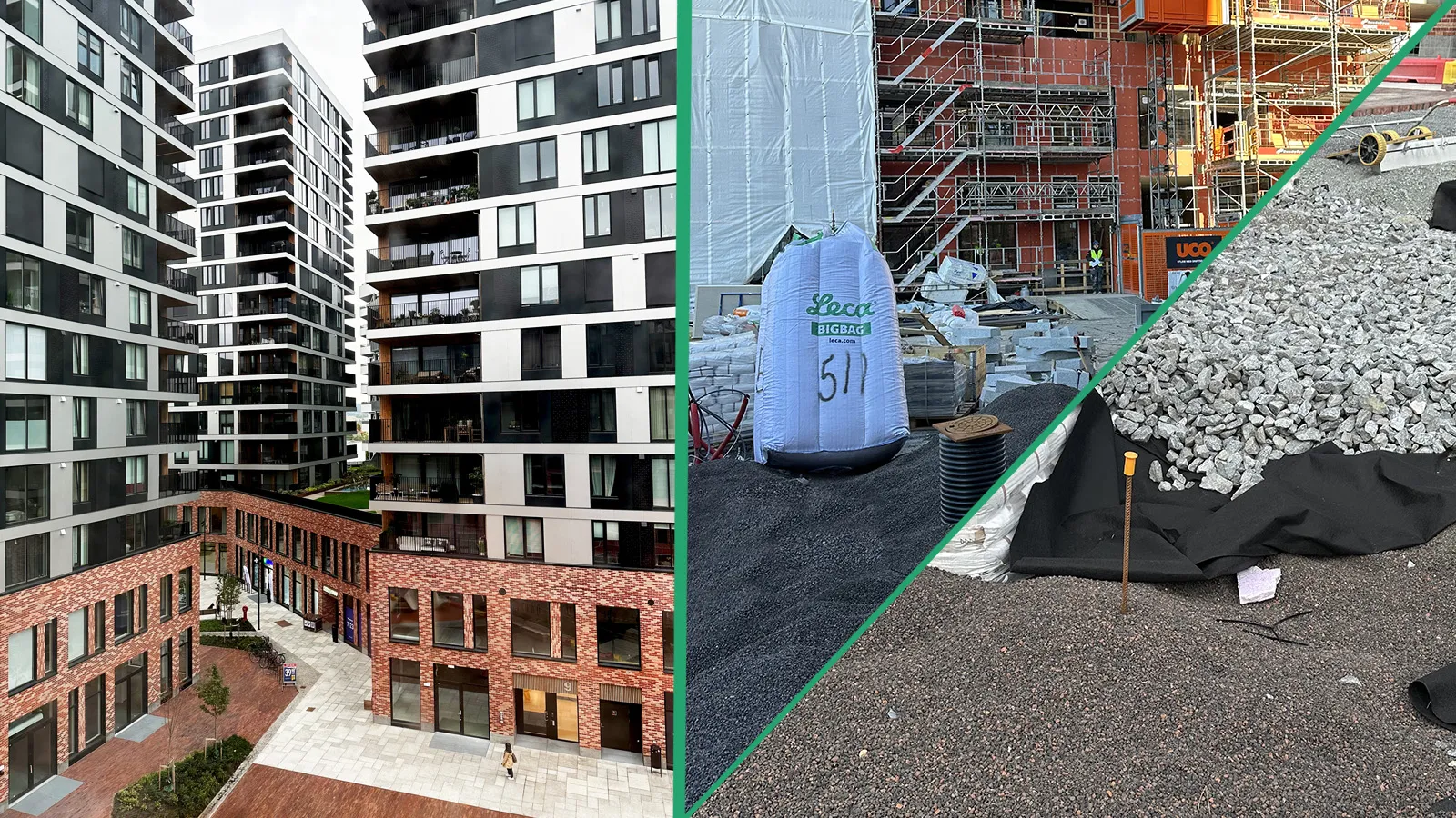 Moderne boligbygg ferdigstilt, kombinert med byggeplass der Leca Lettklinker brukes til lettfylling, drenering og fundamentering.