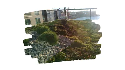 Grønt tak på et moderne bygg med tett vegetasjon, lavtvoksende planter og dekorative elvesteiner. Bildet viser utsikt mot vann og havneområde i bakgrunnen, med bygg og kraner i det fjerne. Taket kombinerer estetikk og funksjon, og viser hvordan grønne tak bidrar til overvannshåndtering og økt biologisk mangfold i urbane miljøer.