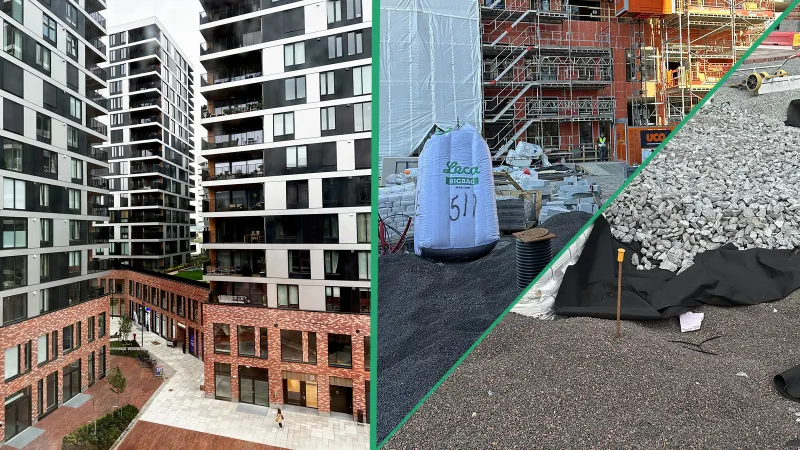 Moderne boligbygg ferdigstilt, kombinert med byggeplass der Leca Lettklinker brukes til lettfylling, drenering og fundamentering.
