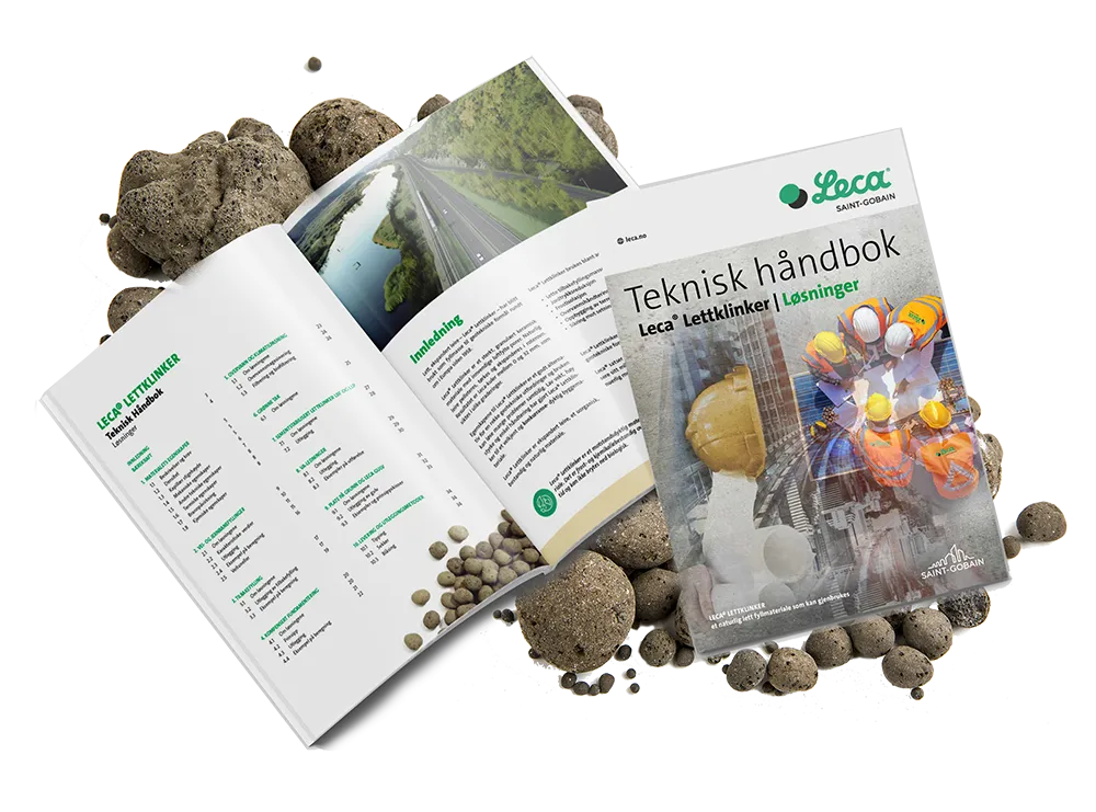 Bilde av brosjyren Teknisk håndbok for Leca Lettklinker, forsiden og et oppslag åpent fra boka
