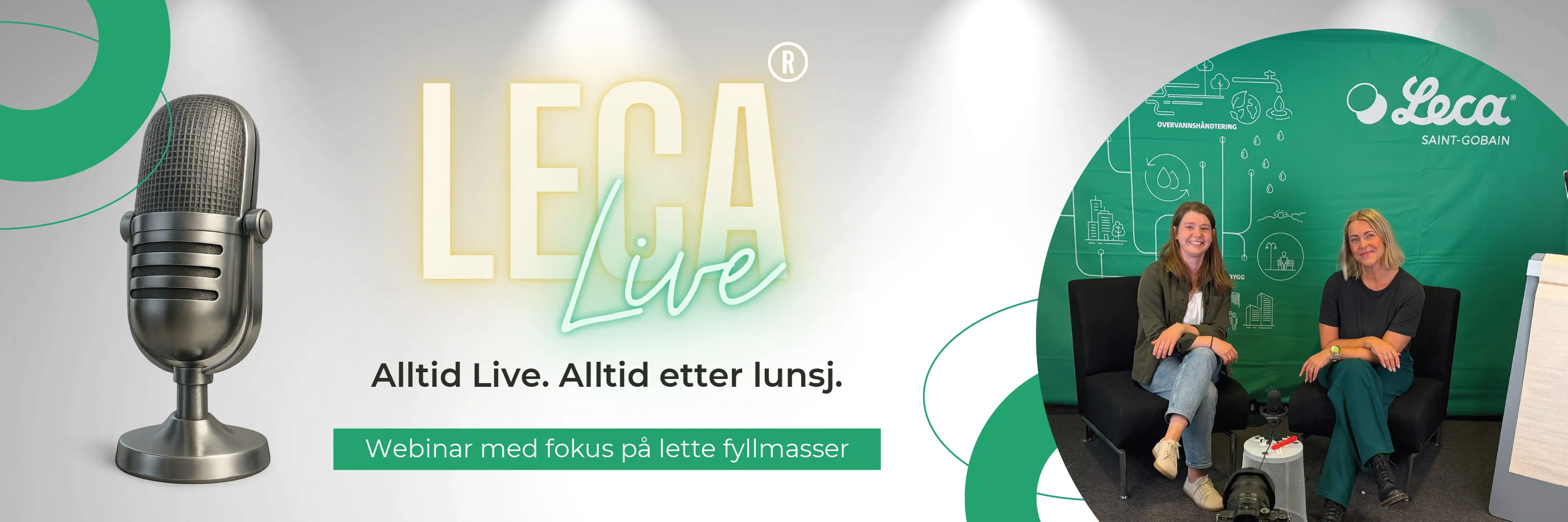 Banner for Leca Live-webinar med stor mikrofon, teksten «Alltid Live. Alltid etter lunsj.» og to kvinner som sitter klare til sending foran grønn bakgrunn med Leca-logo og ikoner for overvannshåndtering og bygg.