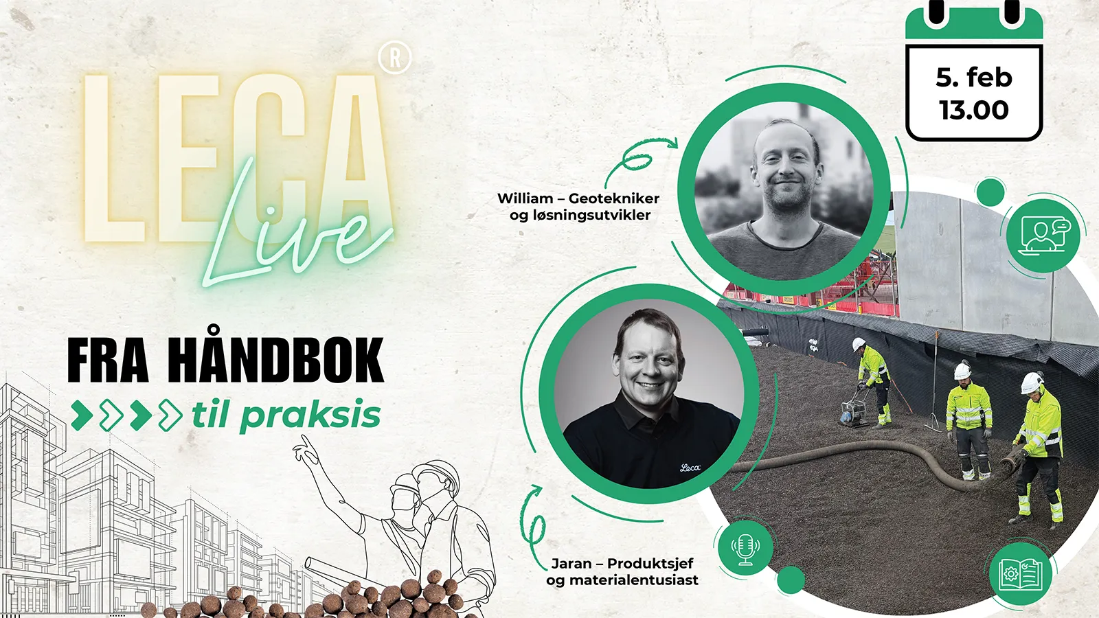 Banner for Leca Live 3 – «Fra håndbok til praksis», med portretter av Jaran, produktsjef i Leca Norge, og William, geotekniker i Leca Sverige, samt bilde fra anleggsprosjekt med bruk av lettklinker.