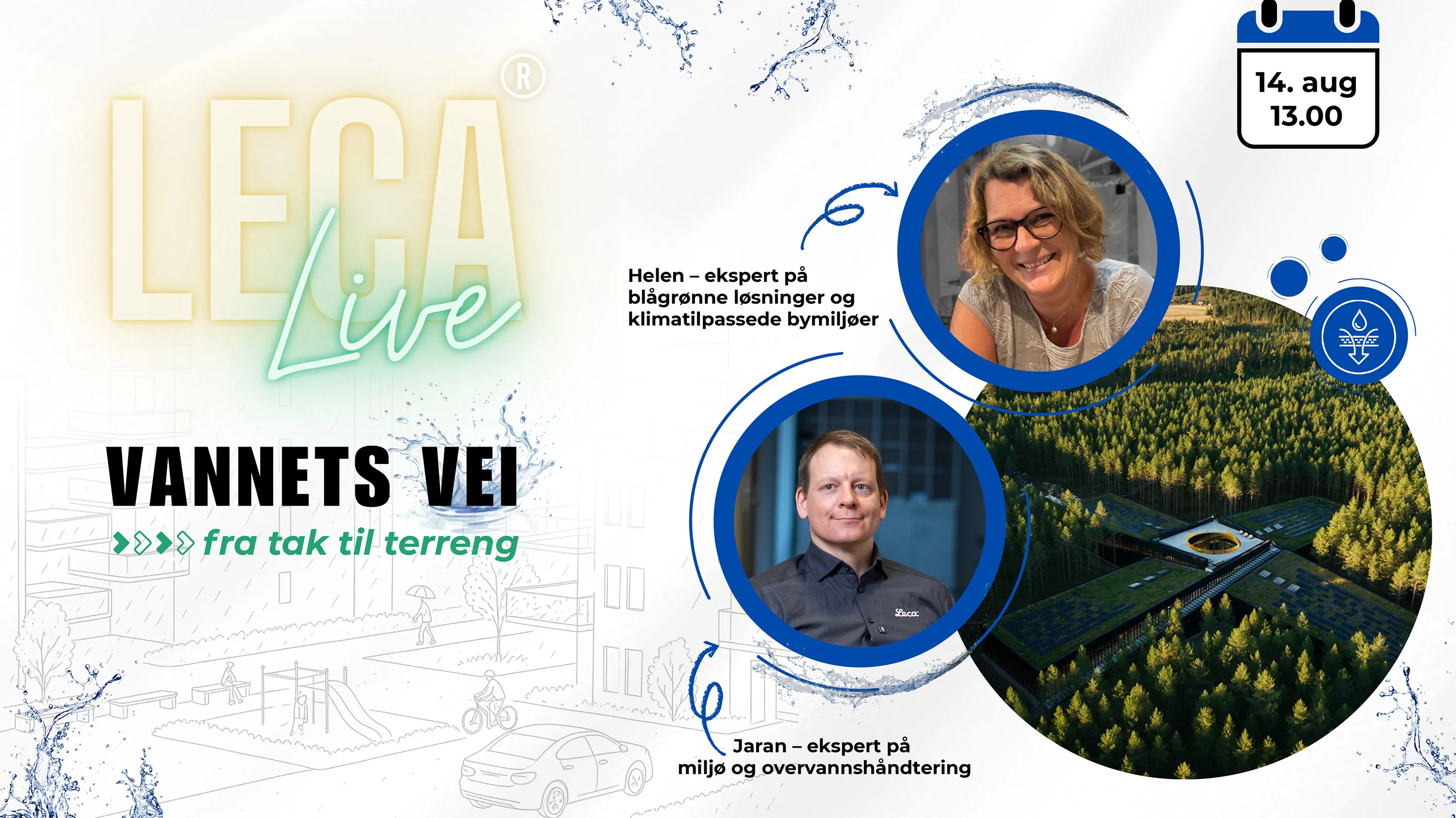 Promobilde for Leca Live-webinaret «Vannets vei – fra tak til terreng» 14. august kl. 13.00, med ekspertene Helen Johansson og Jaran Raymond Wood, illustrert med portrettbilder, vannmotiver og et grønt taklandskap.