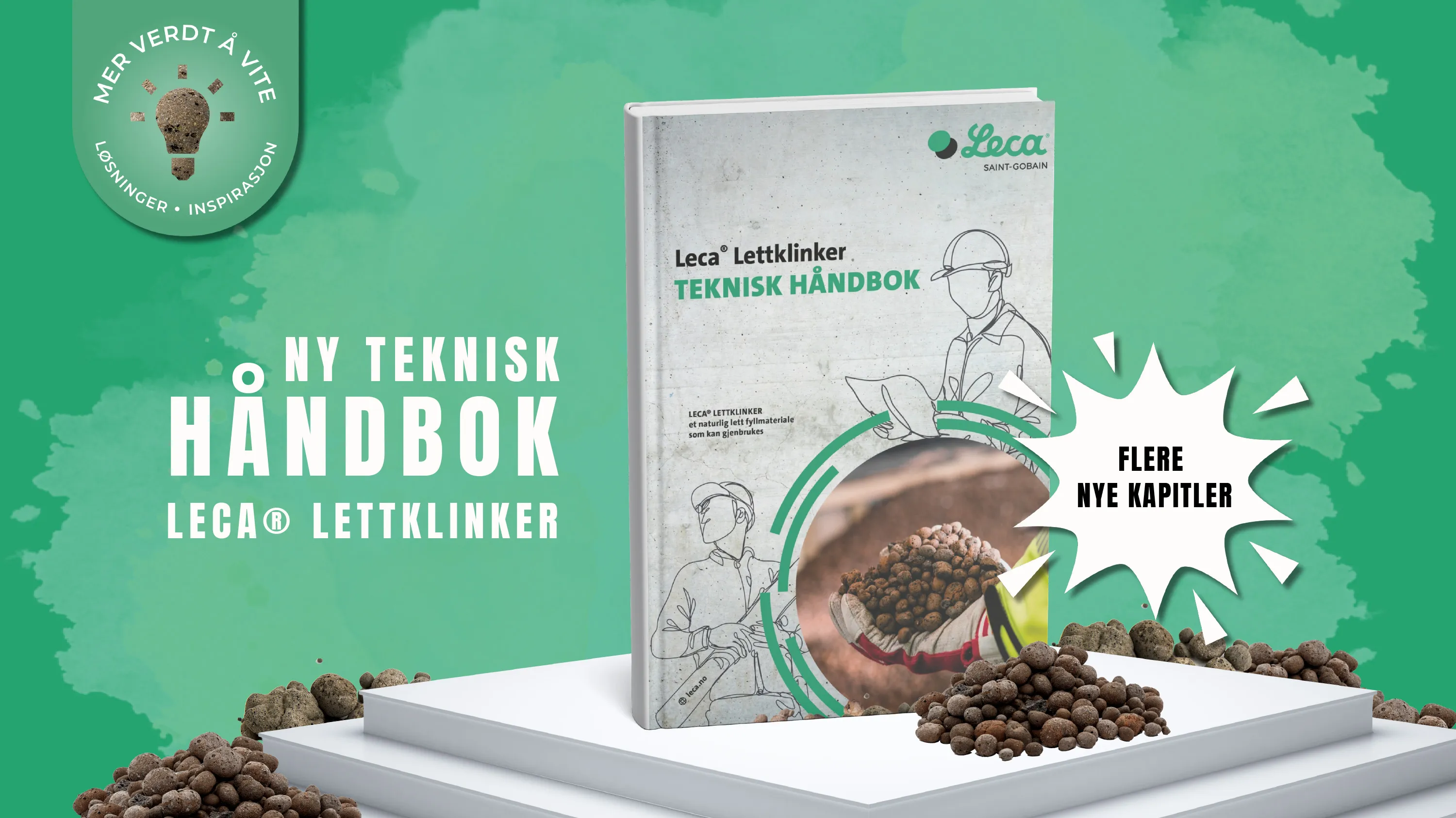 Forside av ny teknisk håndbok for Leca® Lettklinker, med lettklinkerkuler og grønn bakgrunn
