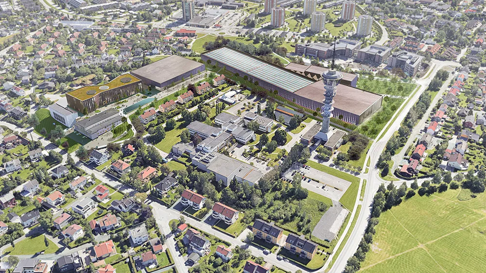 Illustrasjon av fremtidige Norsk havteknologisenter i Trondheim, med flere moderne bygg, grøntområder og testanlegg for havteknologi