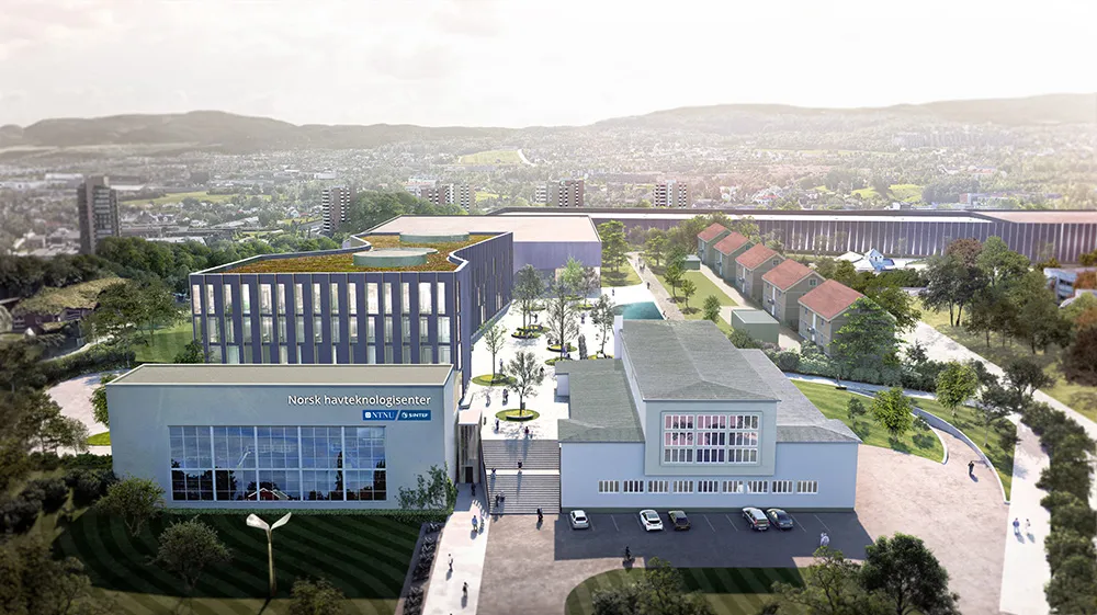 3D-visualisering av hovedbyggene i Norsk havteknologisenter, inkludert inngangspartiet og grønne tak