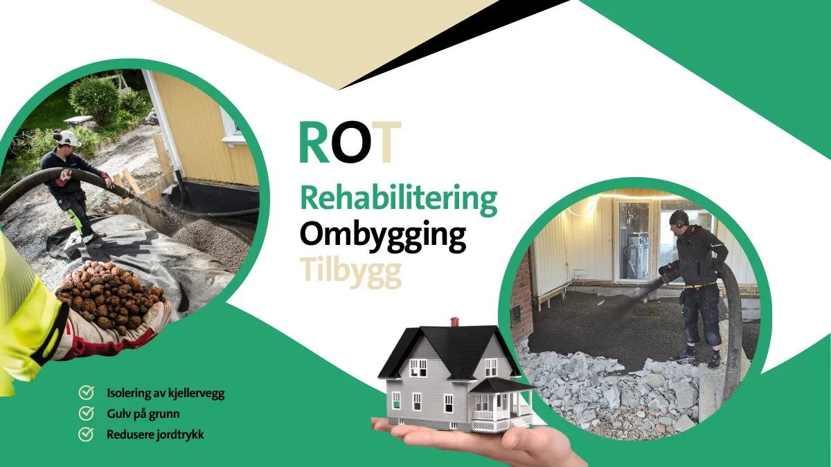 ilde med overskrift ROT – Rehabilitering, Ombygging, Tilbygg. Viser arbeidere som blåser inn Leca lettklinker rundt grunnmur og på gulv. Nederst er en sjekkliste med punktene Isolering av kjellervegg, Gulv på grunn og Redusere jordtrykk, sammen med et lite husikon i en hånd.