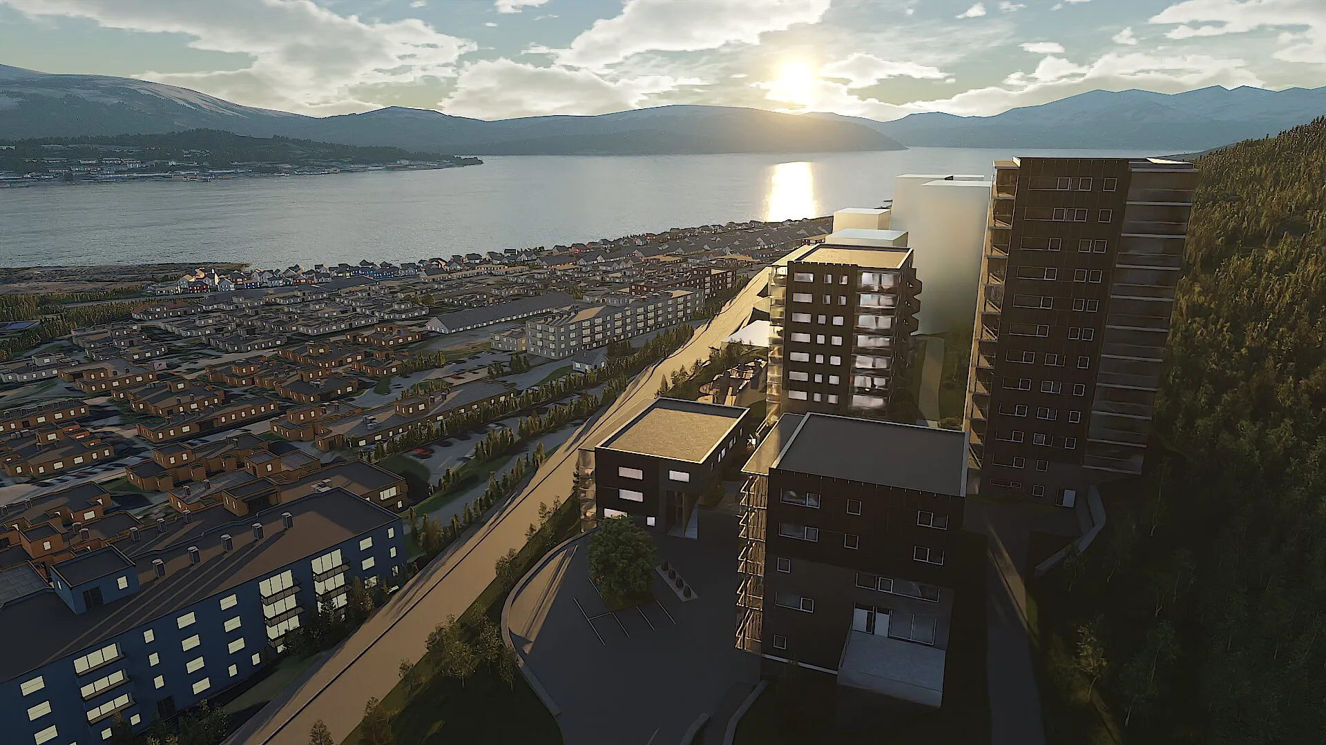 Illustrasjonsbilde av boligprosjektet Soltunet i Øvre Kroken, Tromsø, med høye boligblokker i forkant og utsikt over Tromsøysundet og fjell i bakgrunnen ved solnedgang.